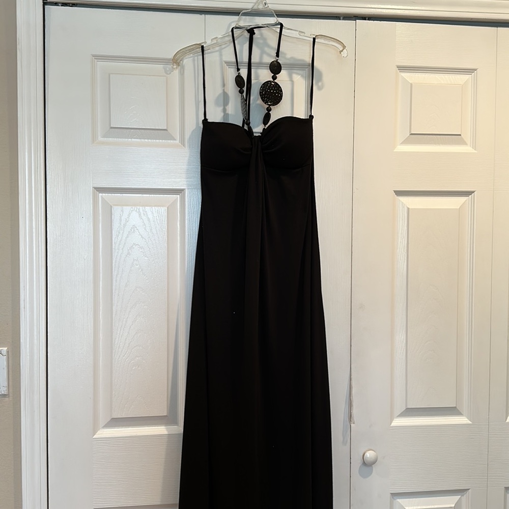 C. Graffitti black wood beads halter long dress